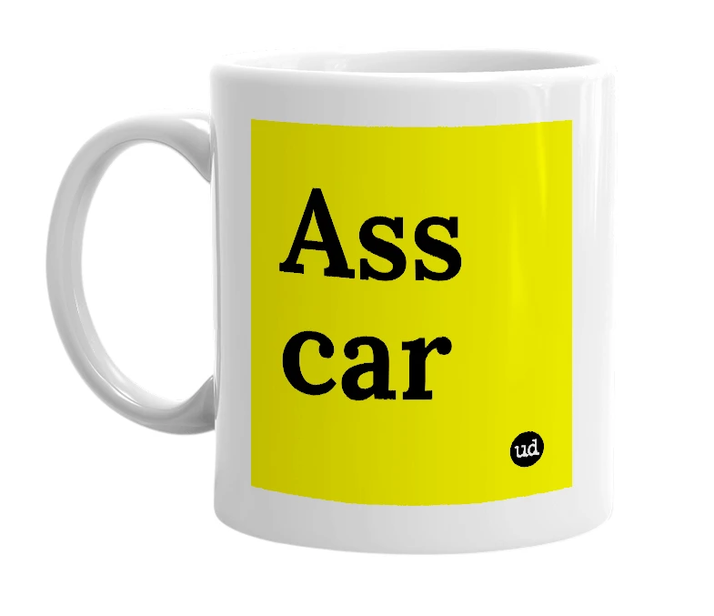 White mug with 'Ass car' in bold black letters