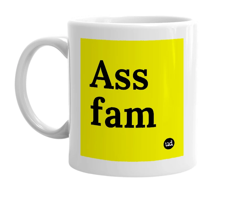 White mug with 'Ass fam' in bold black letters