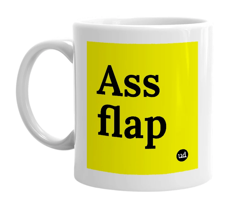 White mug with 'Ass flap' in bold black letters