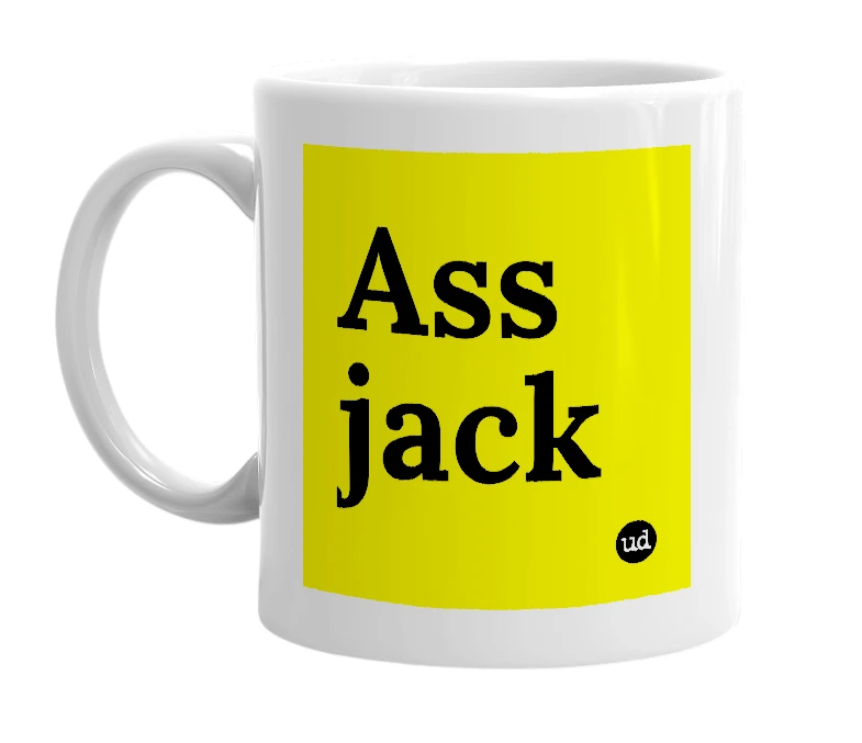 White mug with 'Ass jack' in bold black letters