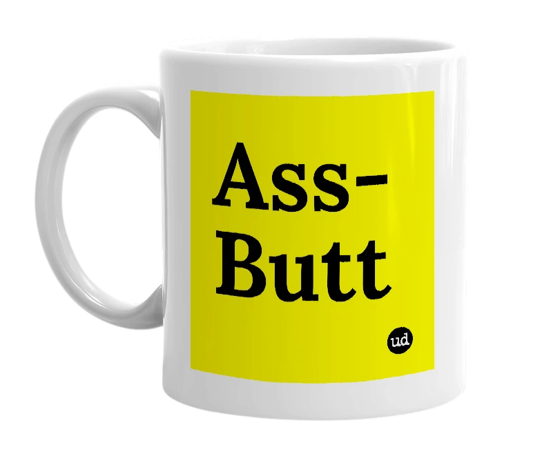 White mug with 'Ass-Butt' in bold black letters