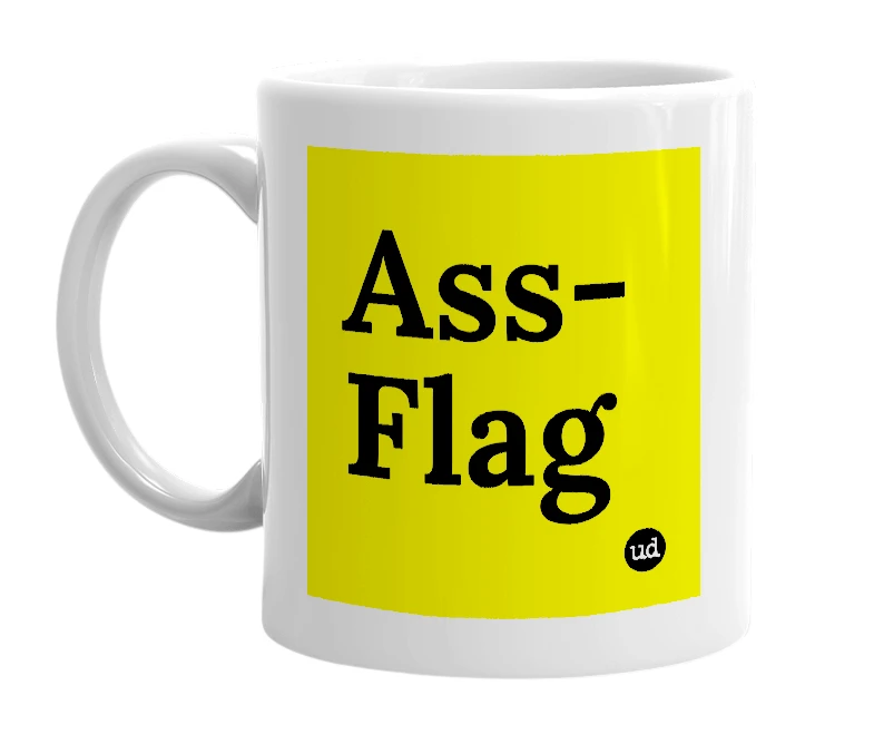White mug with 'Ass-Flag' in bold black letters