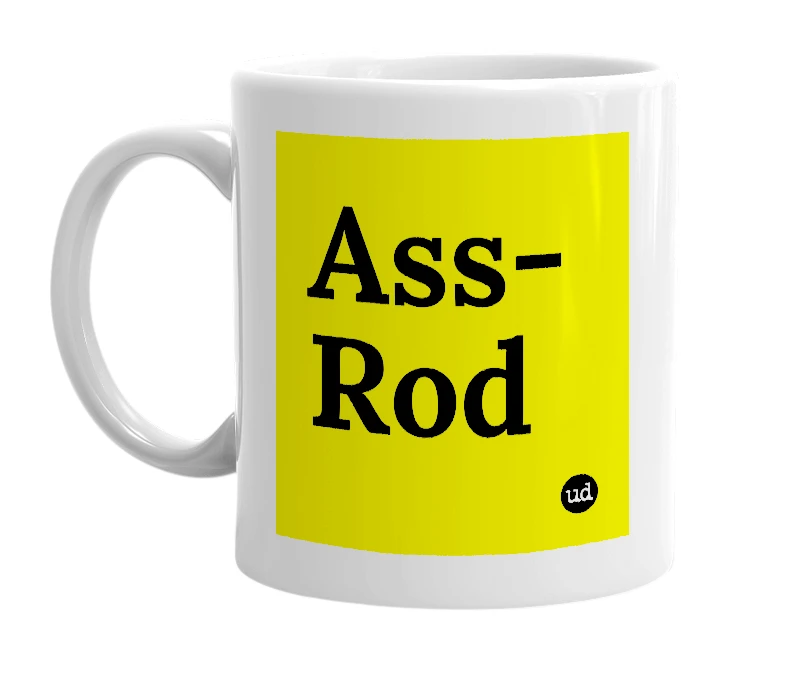 White mug with 'Ass-Rod' in bold black letters