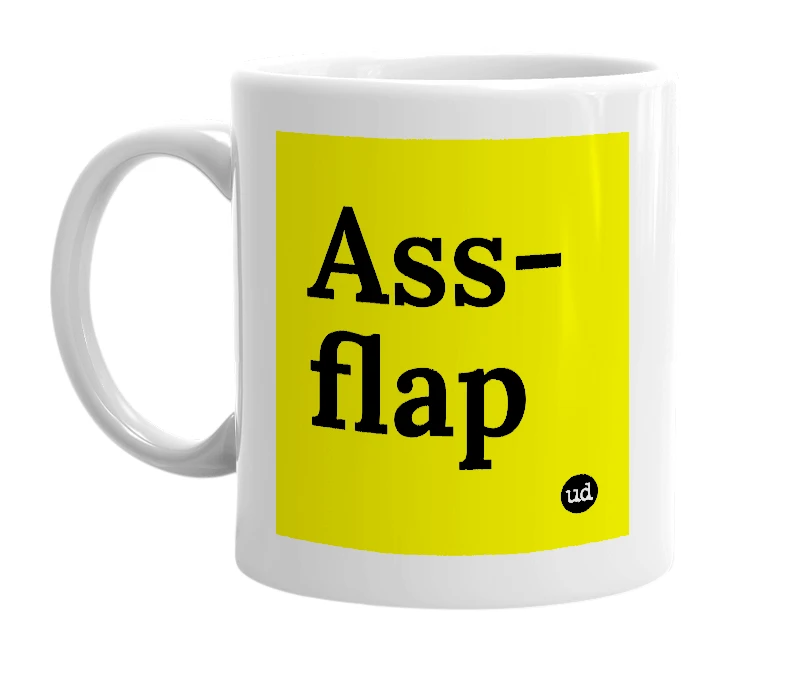 White mug with 'Ass-flap' in bold black letters