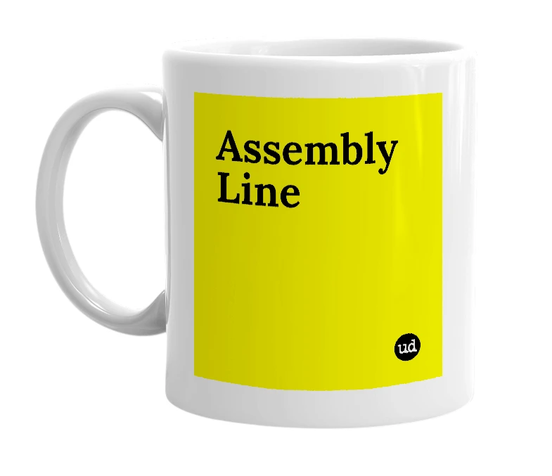 White mug with 'Assembly Line' in bold black letters