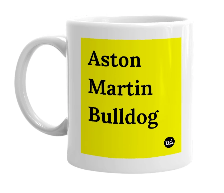 White mug with 'Aston Martin Bulldog' in bold black letters