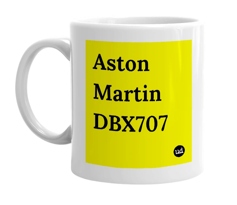 White mug with 'Aston Martin DBX707' in bold black letters