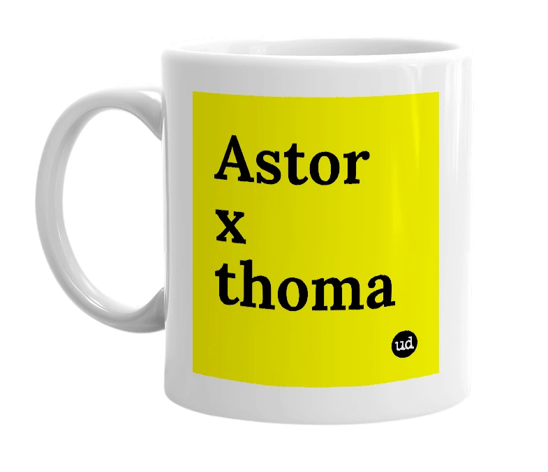 White mug with 'Astor x thoma' in bold black letters