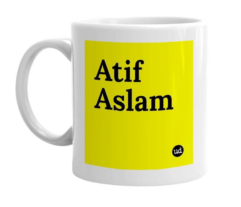 White mug with 'Atif Aslam' in bold black letters