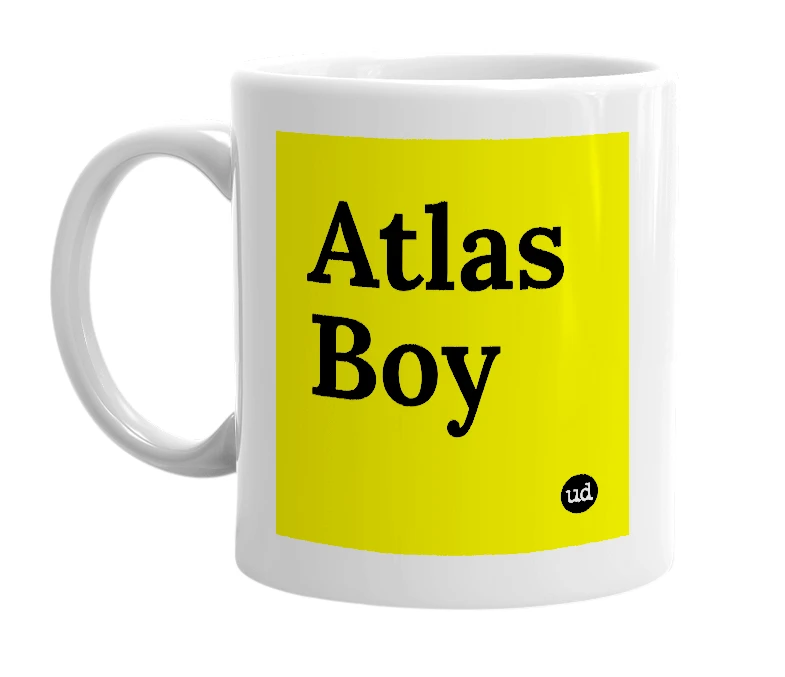 White mug with 'Atlas Boy' in bold black letters