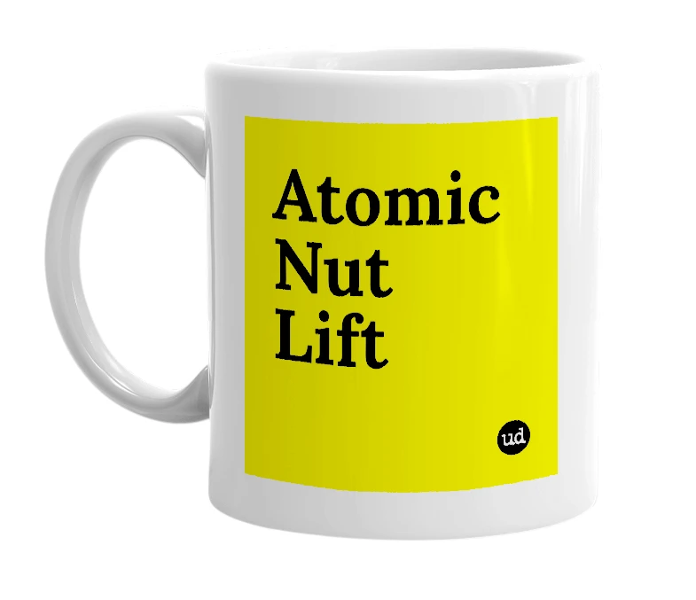 White mug with 'Atomic Nut Lift' in bold black letters