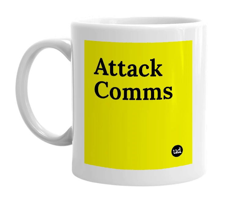 White mug with 'Attack Comms' in bold black letters