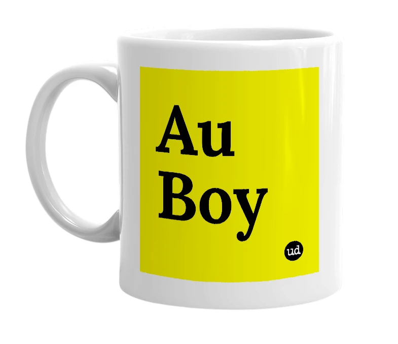 White mug with 'Au Boy' in bold black letters