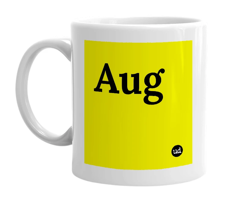 White mug with 'Aug' in bold black letters