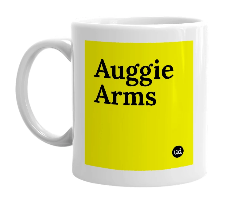 White mug with 'Auggie Arms' in bold black letters