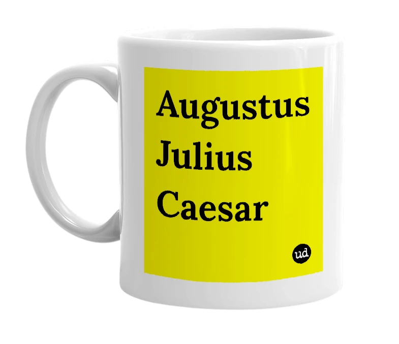 White mug with 'Augustus Julius Caesar' in bold black letters