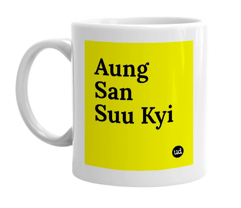 White mug with 'Aung San Suu Kyi' in bold black letters