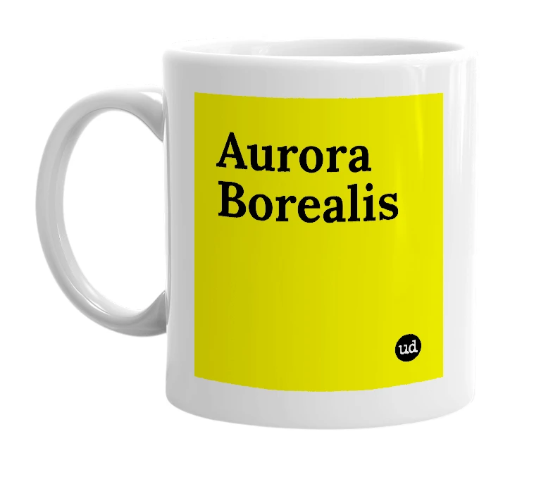 White mug with 'Aurora Borealis' in bold black letters