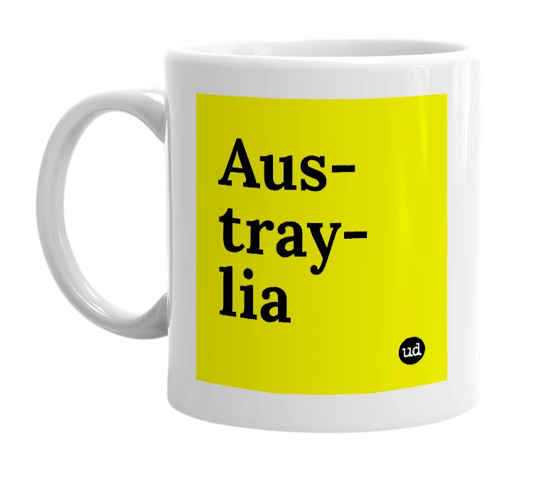 White mug with 'Aus-tray-lia' in bold black letters
