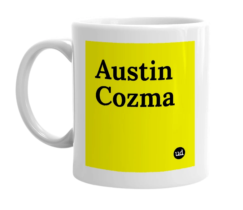 White mug with 'Austin Cozma' in bold black letters