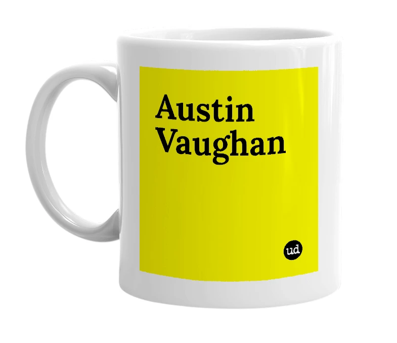 White mug with 'Austin Vaughan' in bold black letters