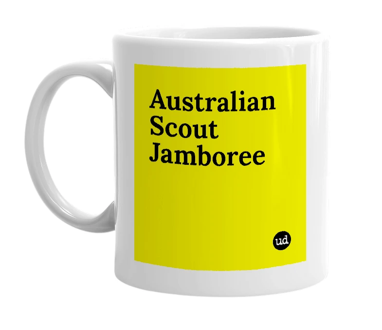 White mug with 'Australian Scout Jamboree' in bold black letters