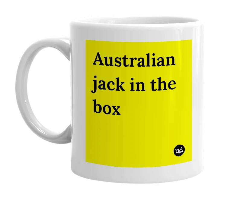 White mug with 'Australian jack in the box' in bold black letters