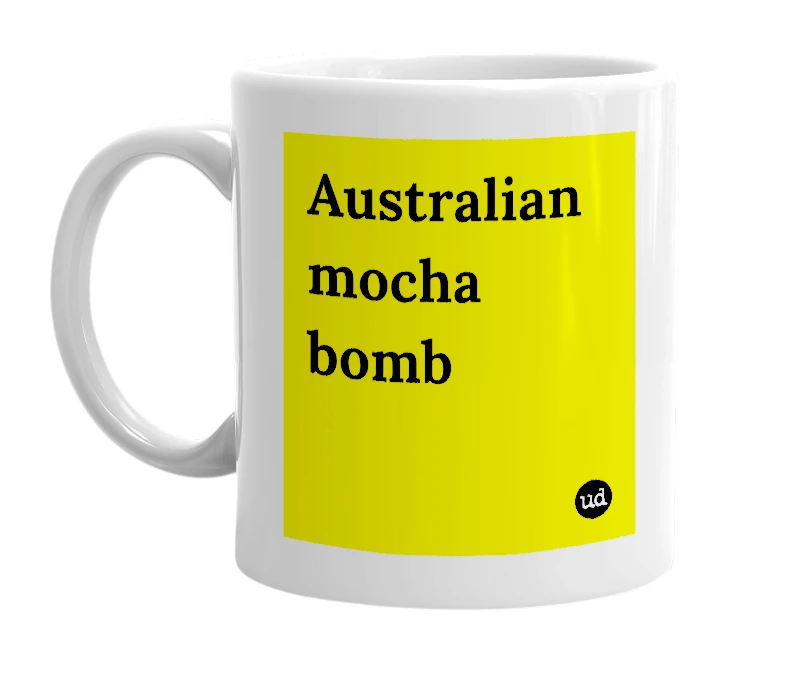 White mug with 'Australian mocha bomb' in bold black letters