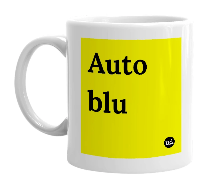 White mug with 'Auto blu' in bold black letters