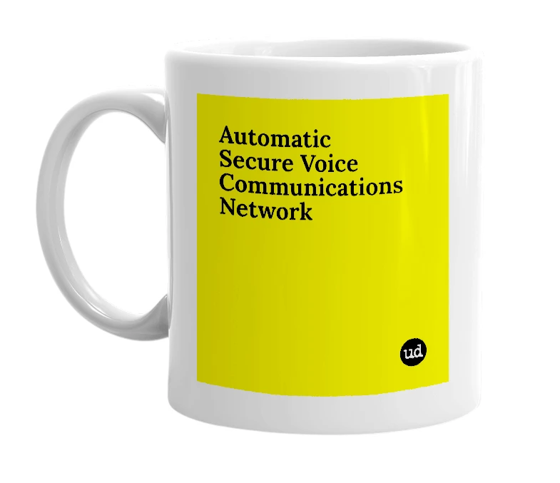 White mug with 'Automatic Secure Voice Communications Network' in bold black letters