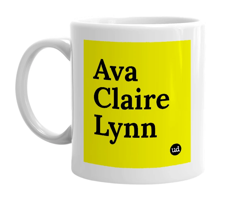 White mug with 'Ava Claire Lynn' in bold black letters