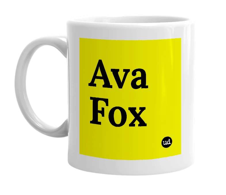 White mug with 'Ava Fox' in bold black letters