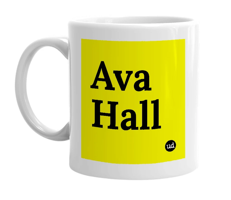 White mug with 'Ava Hall' in bold black letters