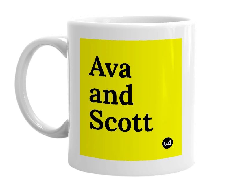 White mug with 'Ava and Scott' in bold black letters