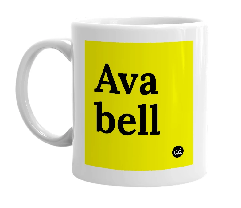 White mug with 'Ava bell' in bold black letters