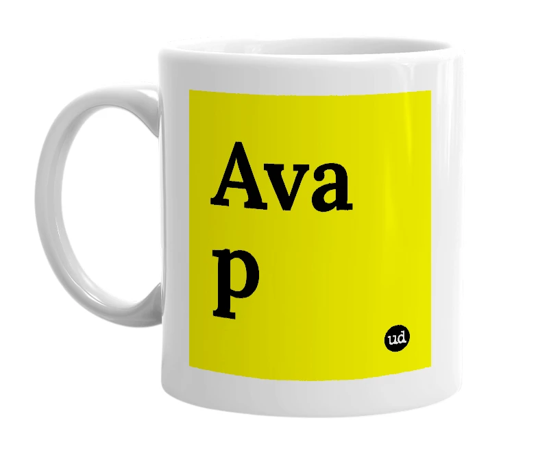 White mug with 'Ava p' in bold black letters