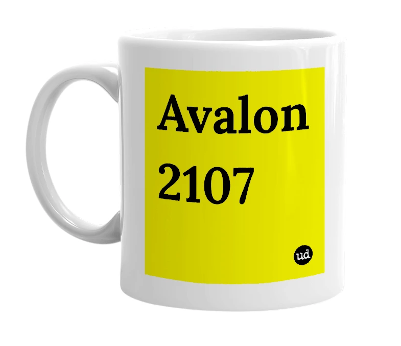 White mug with 'Avalon 2107' in bold black letters
