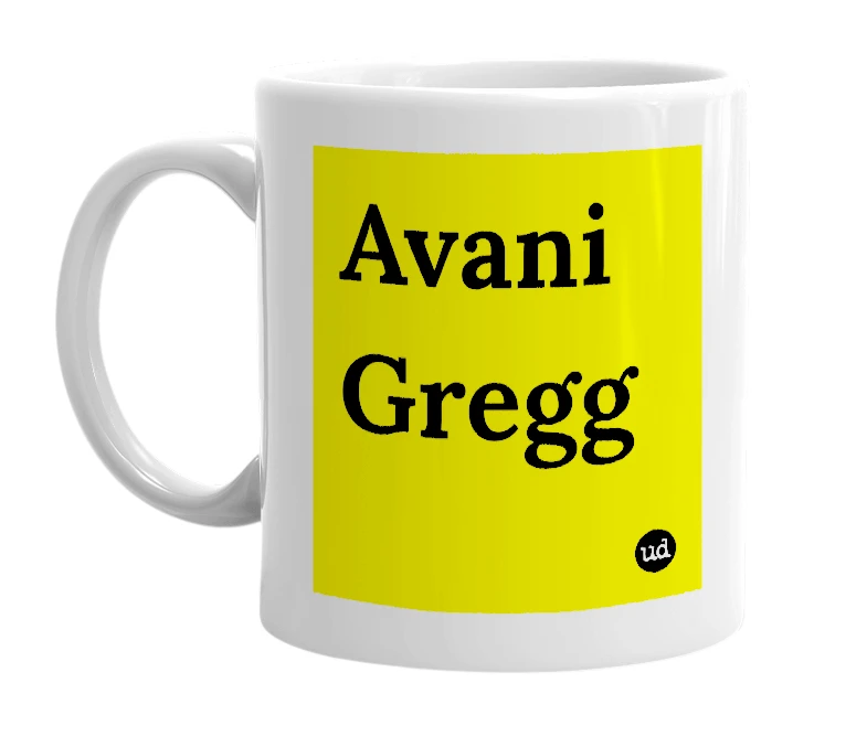 White mug with 'Avani Gregg' in bold black letters
