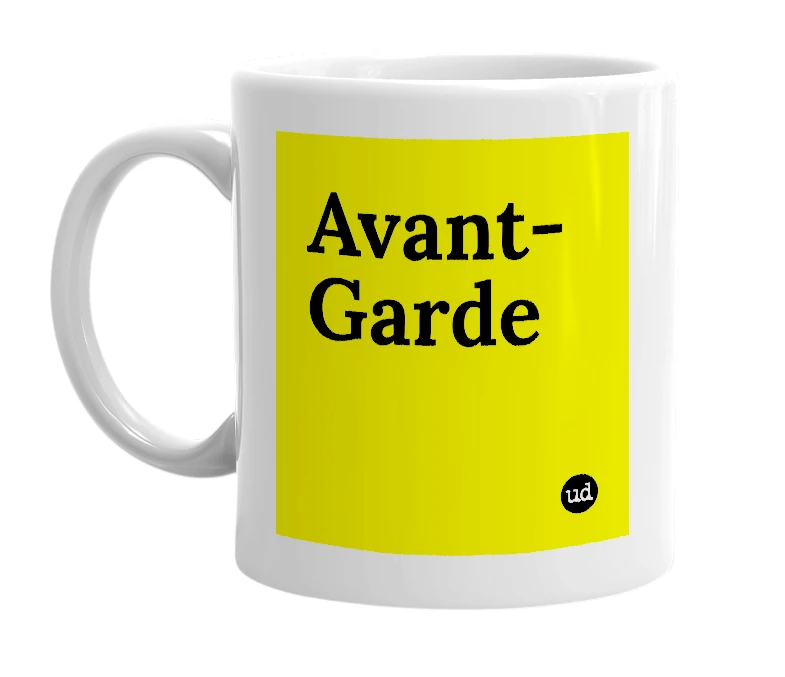 White mug with 'Avant-Garde' in bold black letters