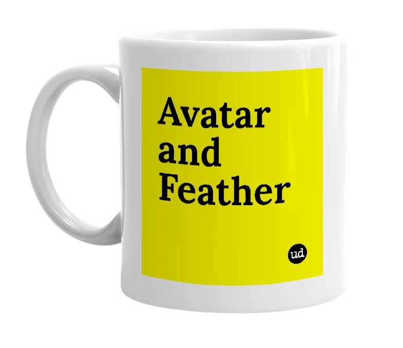 White mug with 'Avatar and Feather' in bold black letters