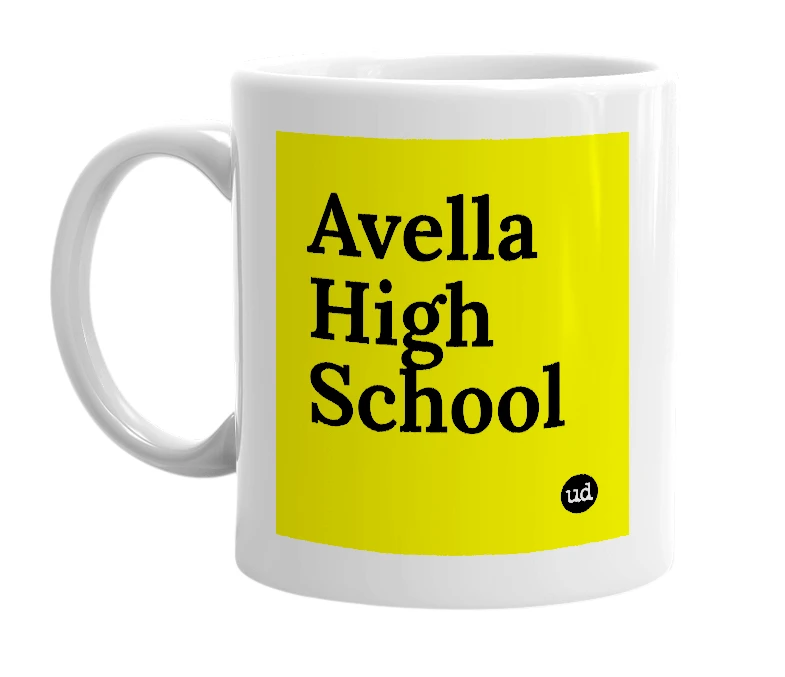 White mug with 'Avella High School' in bold black letters