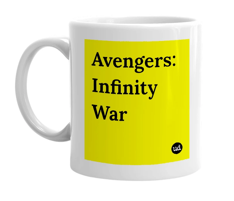 White mug with 'Avengers: Infinity War' in bold black letters