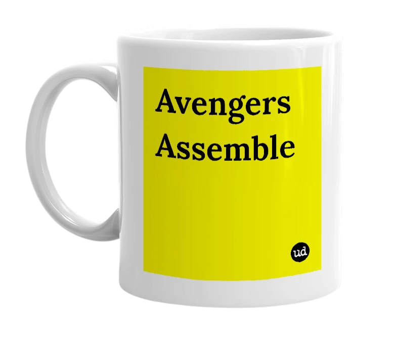 White mug with 'Avengers Assemble' in bold black letters