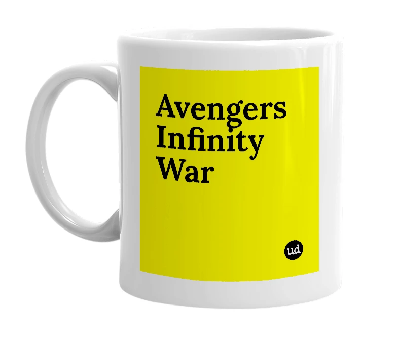 White mug with 'Avengers Infinity War' in bold black letters