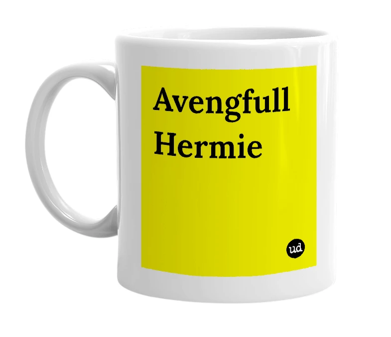 White mug with 'Avengfull Hermie' in bold black letters