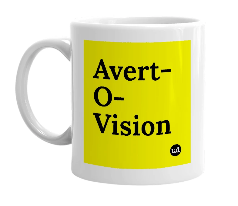 White mug with 'Avert-O-Vision' in bold black letters