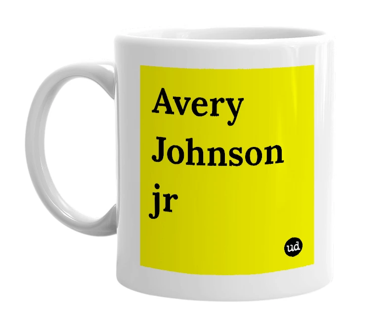 White mug with 'Avery Johnson jr' in bold black letters