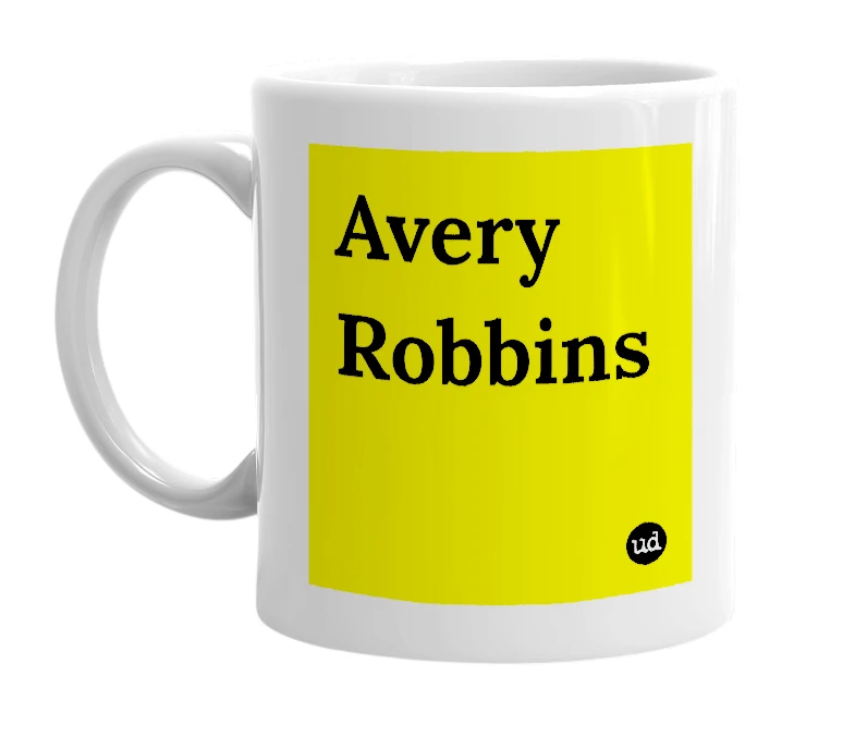 White mug with 'Avery Robbins' in bold black letters