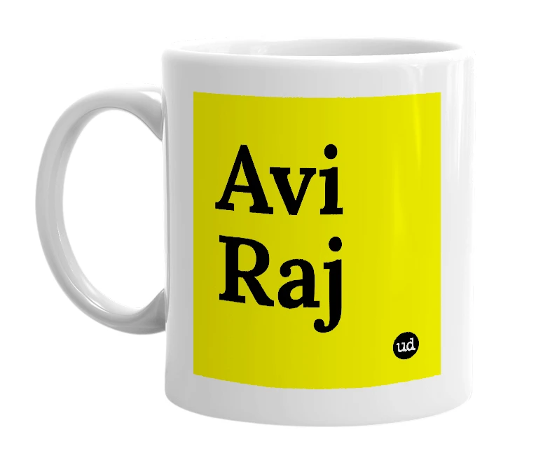 White mug with 'Avi Raj' in bold black letters