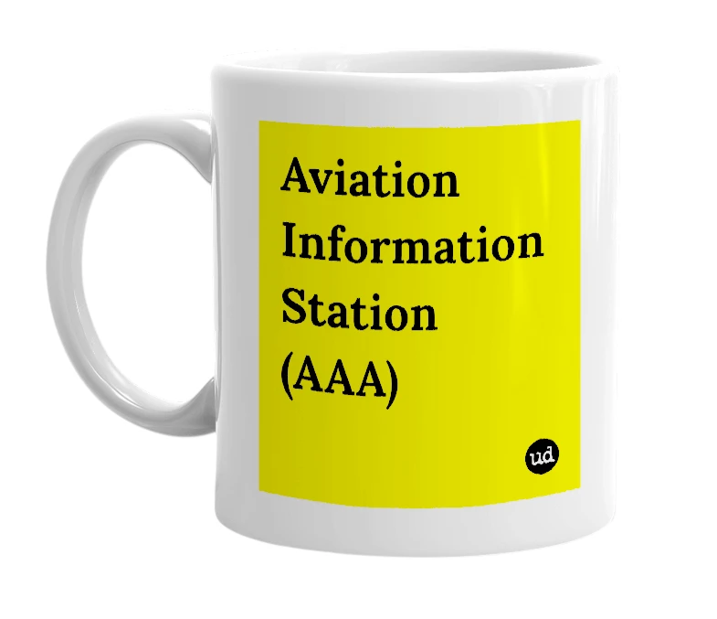 White mug with 'Aviation Information Station (AAA)' in bold black letters